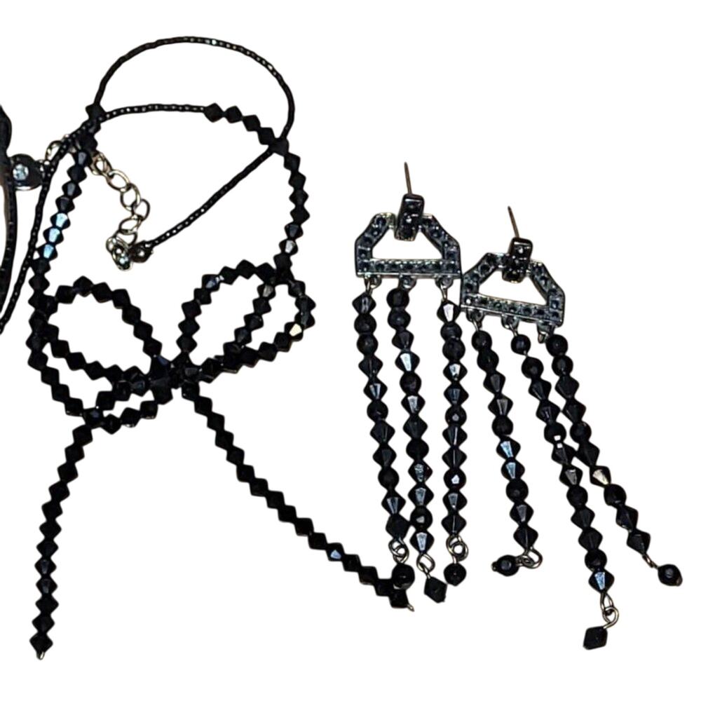Goth  Black Crystal & Seed Bead Tied Bow Choker/Matching Earrings plus Bracelet